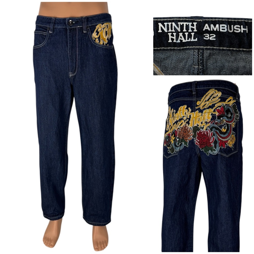 NINTH HALL AMBUSH Jeans Mens Size 32 Dragon Embroidered Baggy Wide VTG Y2K Blue